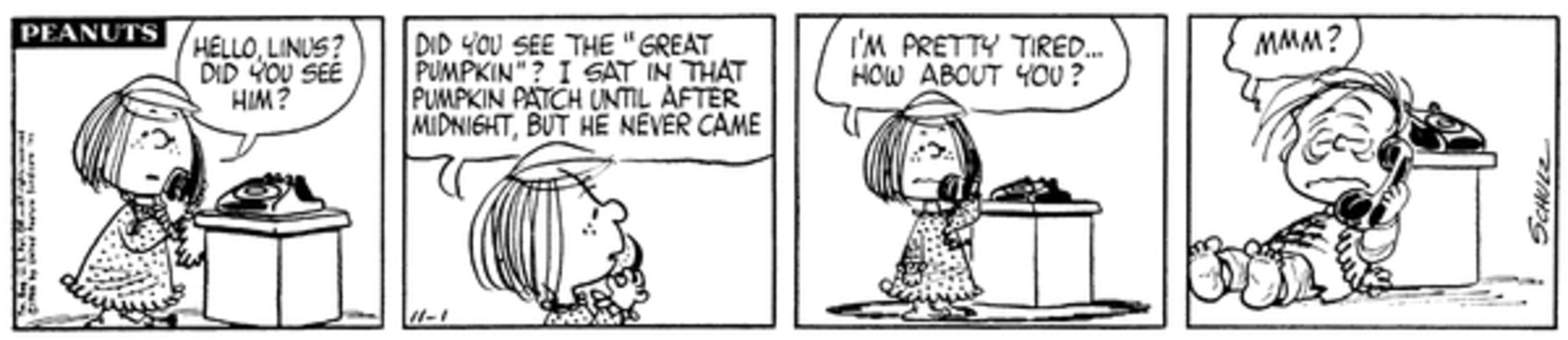 Peppermint Patty talking to a tired Linus on the phone.