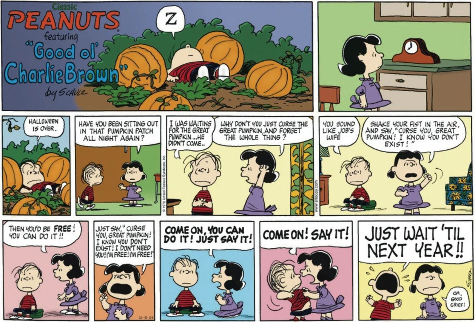 Lucy yelling at Linus to curse the Great Pumpkin.