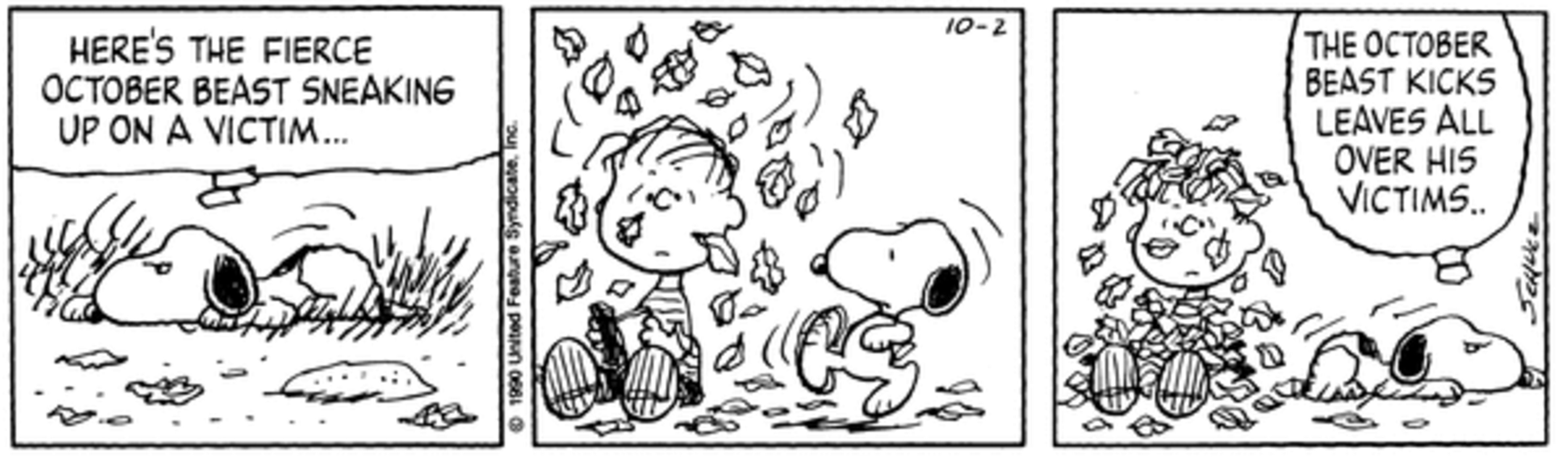 Snoopy chutando folhas em Linus.