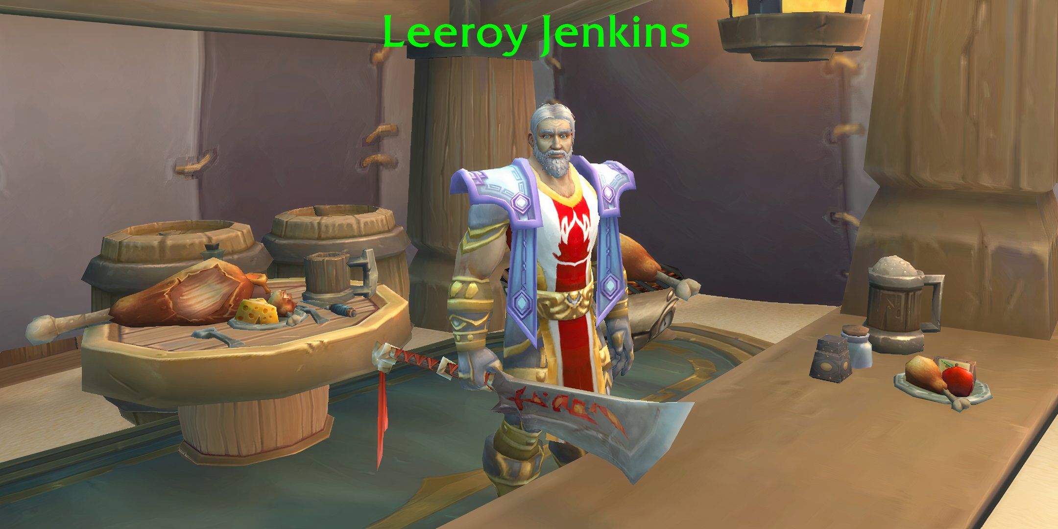 Screenshot from World of Warcraft of the character Leeroy Jenkins selling chicken at the 20th Anniversary Event