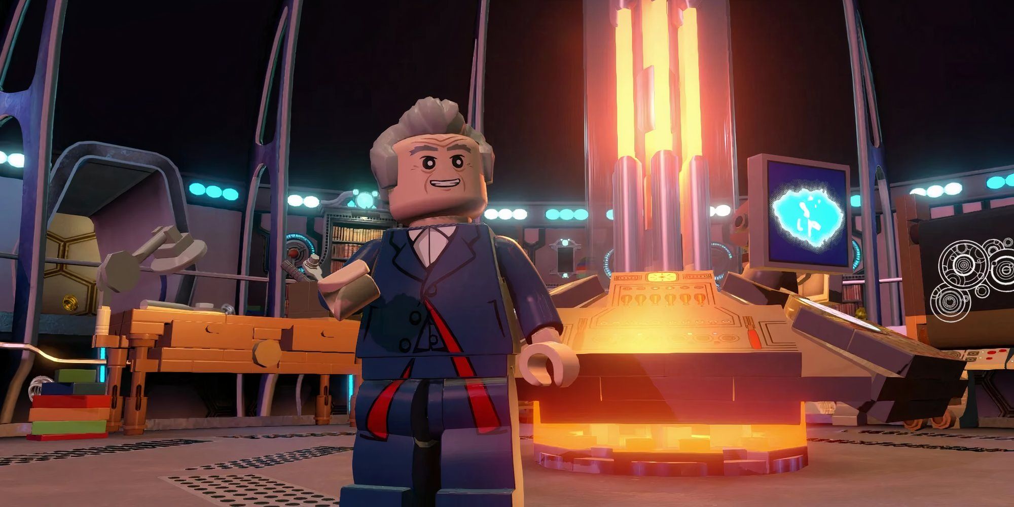 Lego Dimensions Doctor Who with the Doctor smiling inside the TARDIS