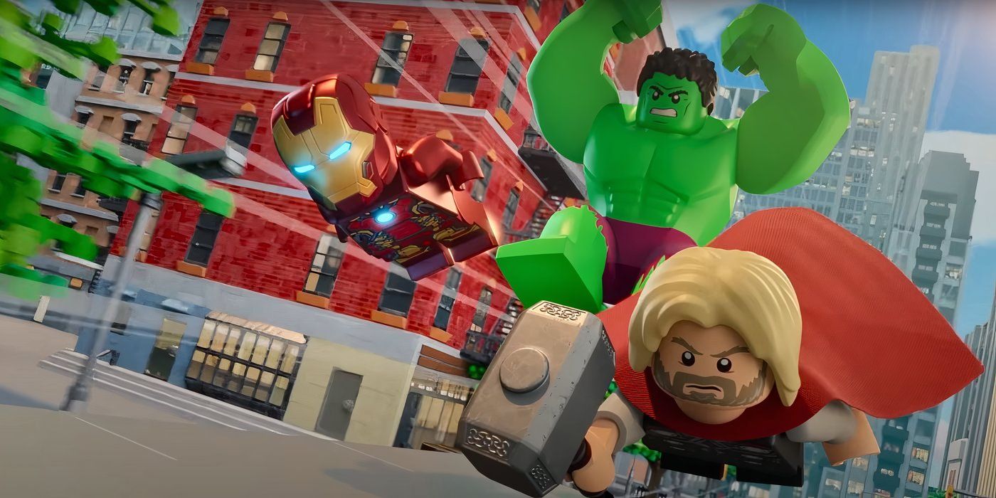 LEGO Iron Man, Hulk, and Thor on top of a moving vehicle in fighting stances in LEGO Marvel Avengers Mission Demolition (2024)