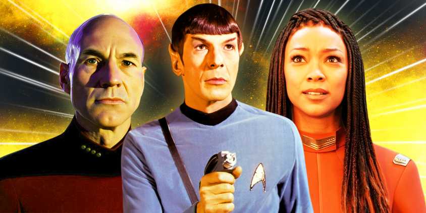 Patrick Stewart as Captain Picard, Leonard Nimoy as Spock, and Sonequa Martin Green as Captain Burnham from Star Trek