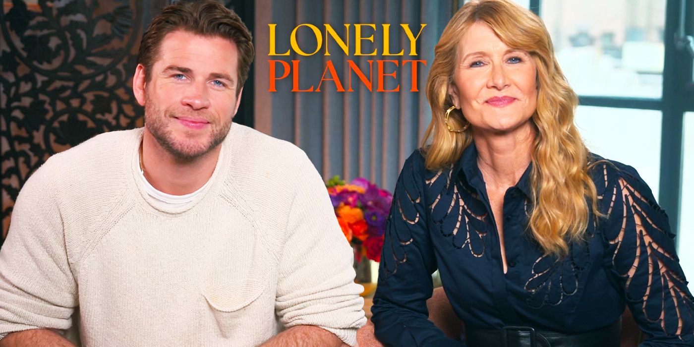 Laura Dern & Liam Hemsworth smiling during Lonely Planet interview