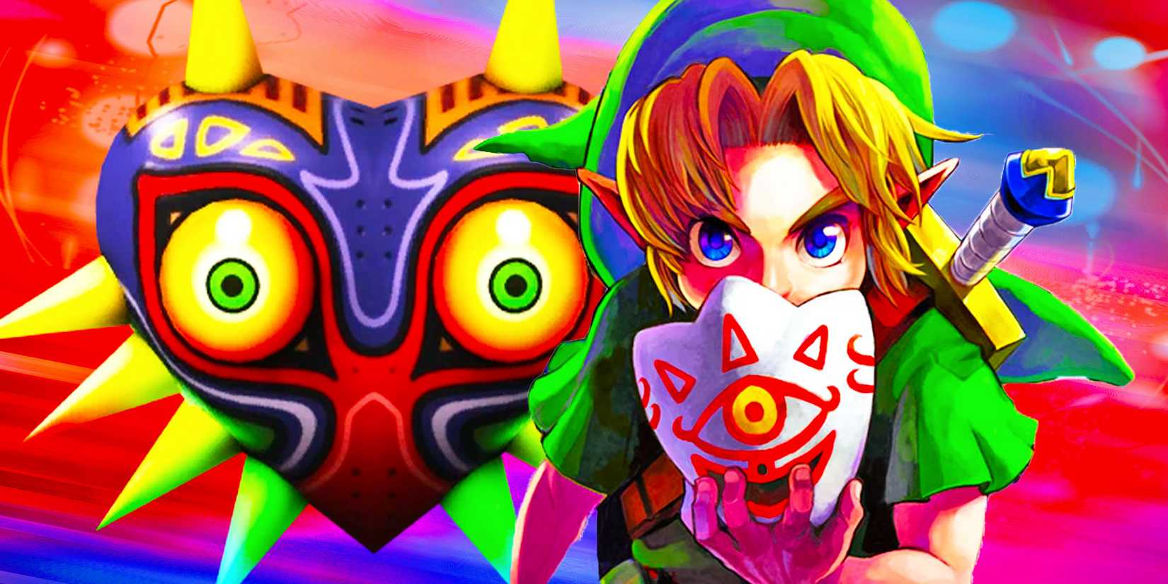 Artwork of Link and the titular mask from Zelda: Majora's Mask.