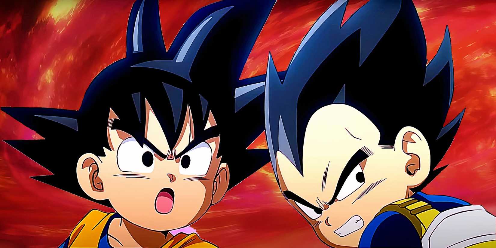Little Goku and Vegeta in a firestorm from Dragon Ball Daima