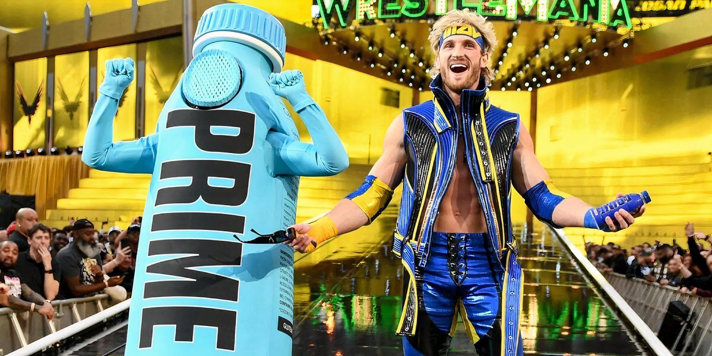 Logan Paul chega com KSI vestido como Prime Bottle na Wrestlemania