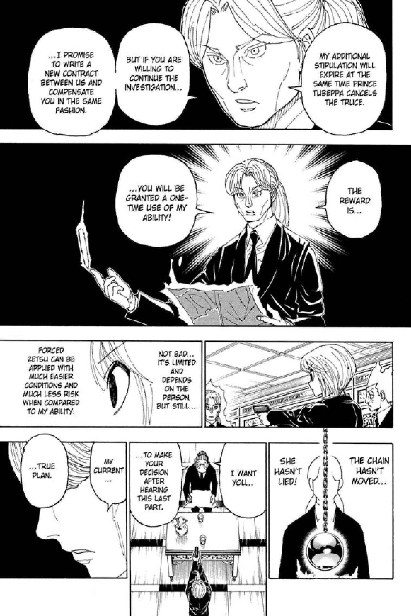 Longhi habla con Kurapika sobre sus habilidades Nen.