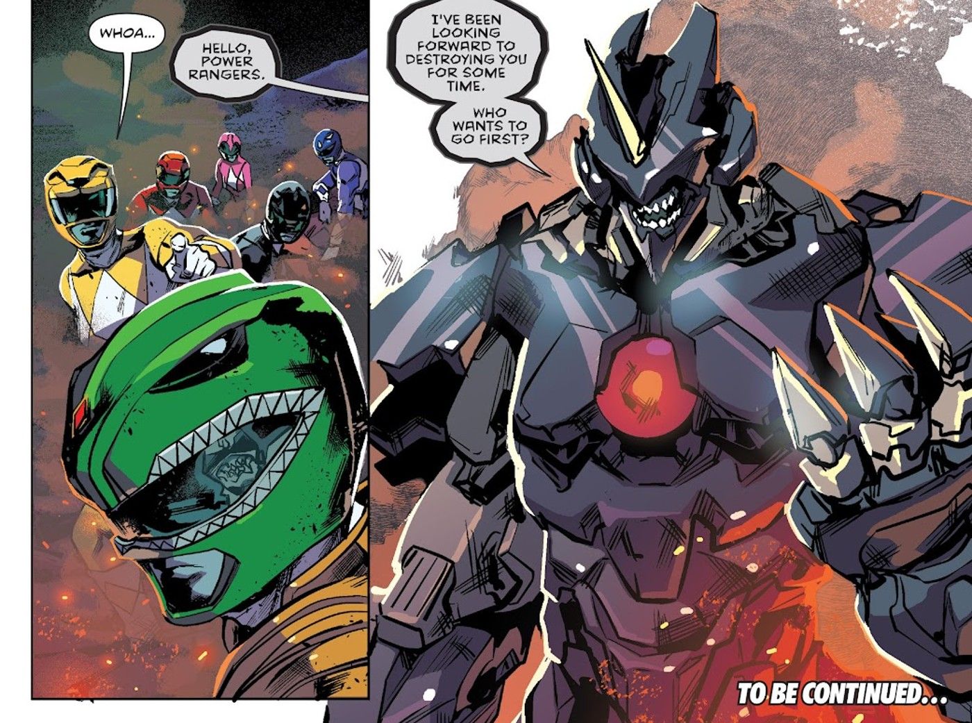 Lord Drakkon's Black Dragon zord armor shrinks introduces himself to the Mighty Morphin Power Rangers