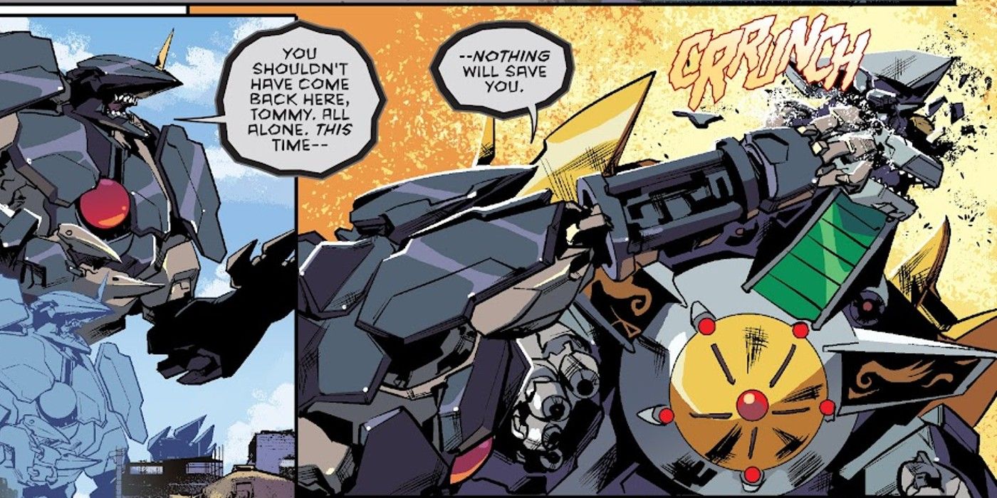 O Dragão Negro Zord de Lord Drakkon cresce para atacar o Dragonzord do Ranger Verde Tommy Oliver em Mighty Morphin Power Rangers #9