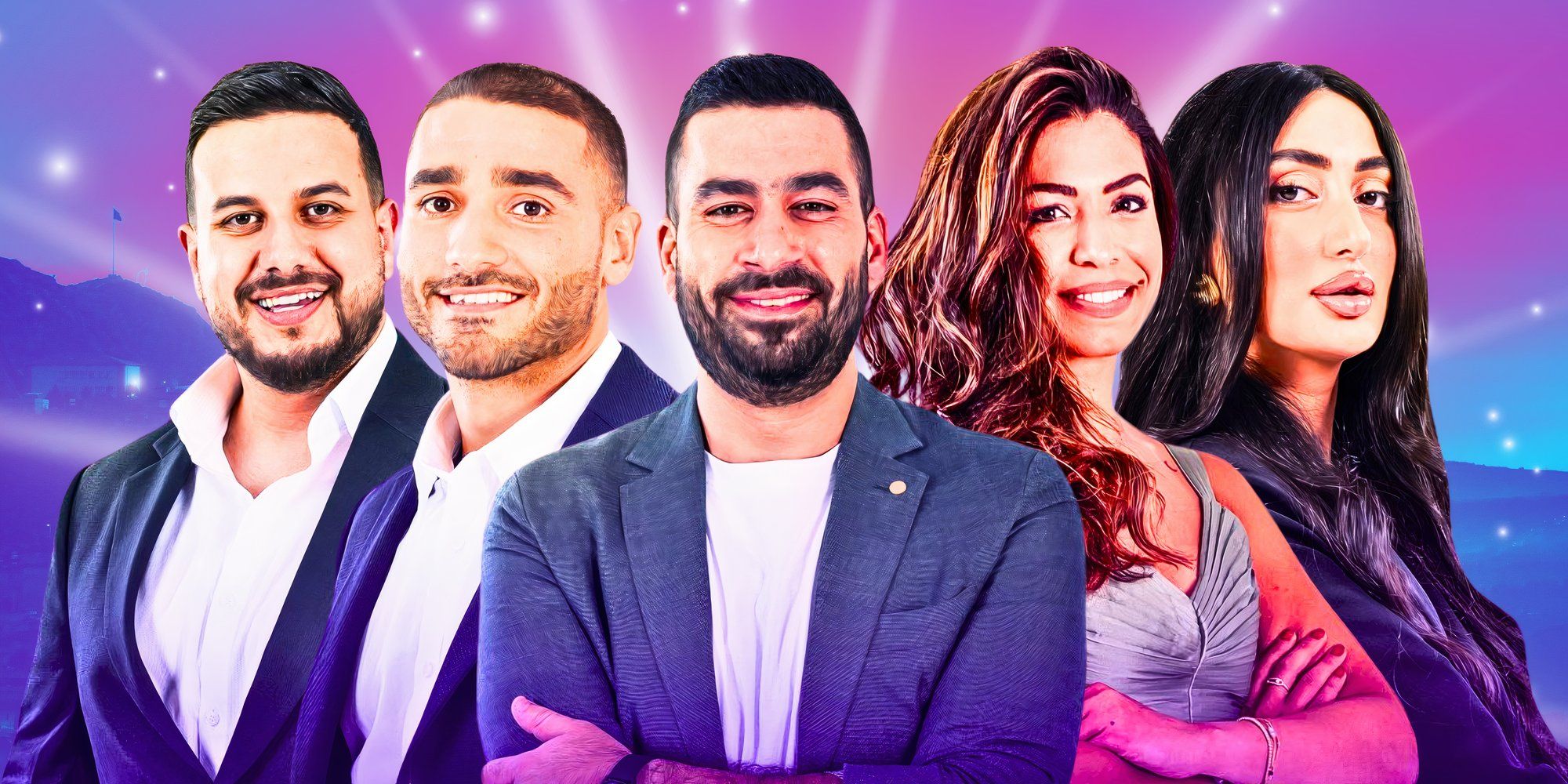 love is blind habibi cast members dressed up in montage with pink and blue background