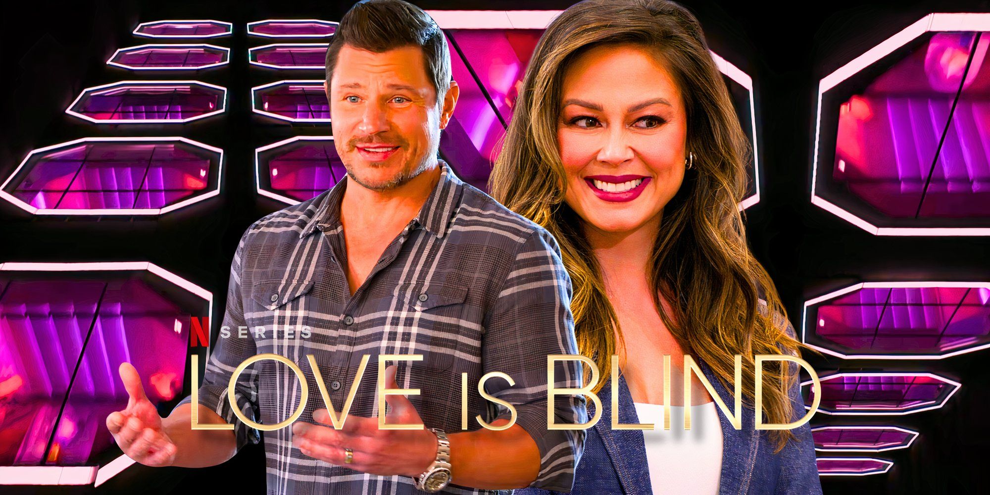 love is blind hosts nick and vanessa lachey in montage with show title and purple background