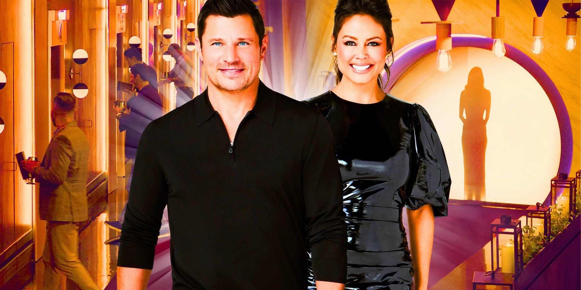 Nick y Vanessa Lachey posan cariñosamente vestidos de negro, el fondo es ciego