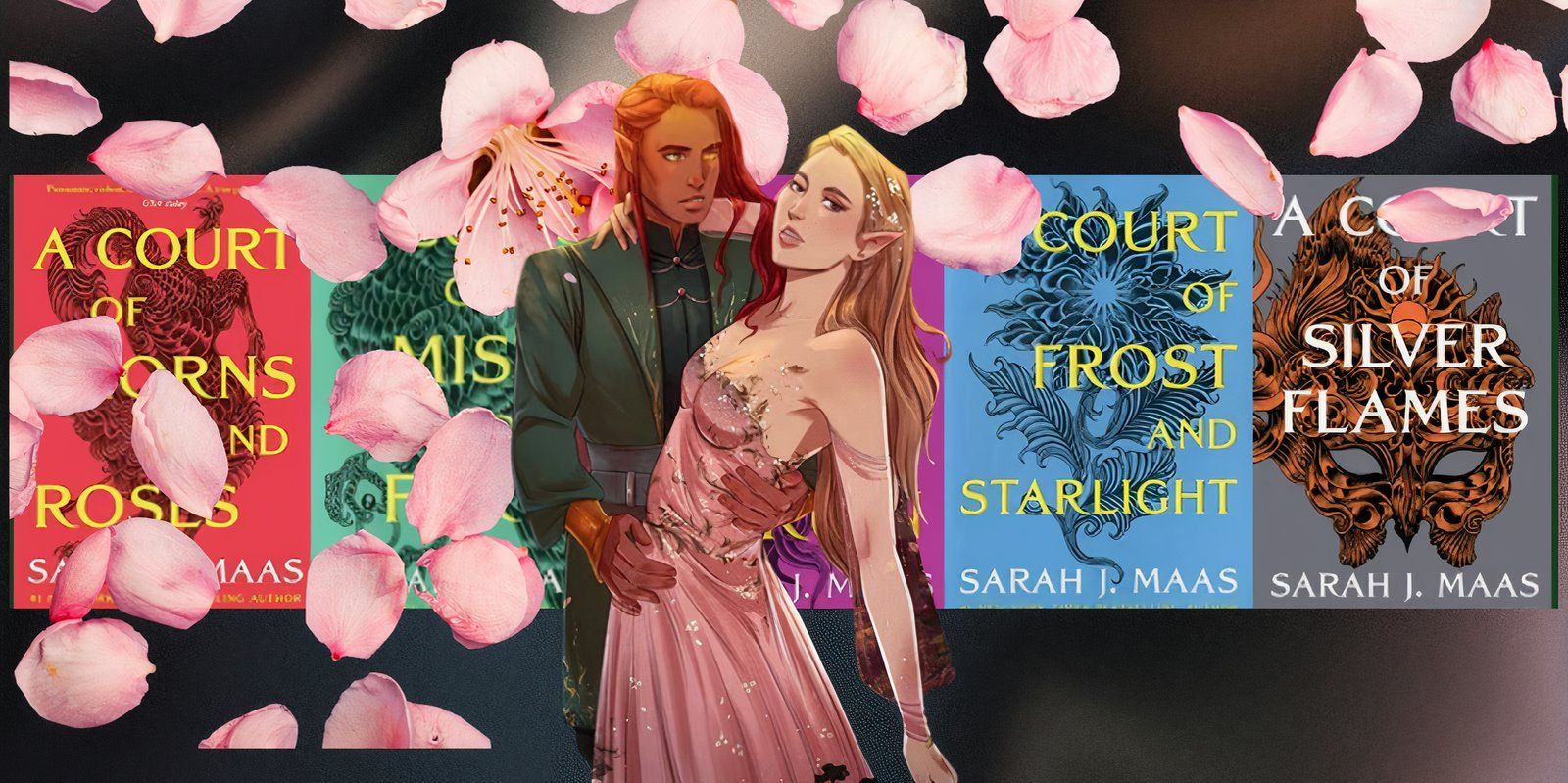 Portada del libro Una corte de rosas y espinas y Fan Art de Elaine y Lucien