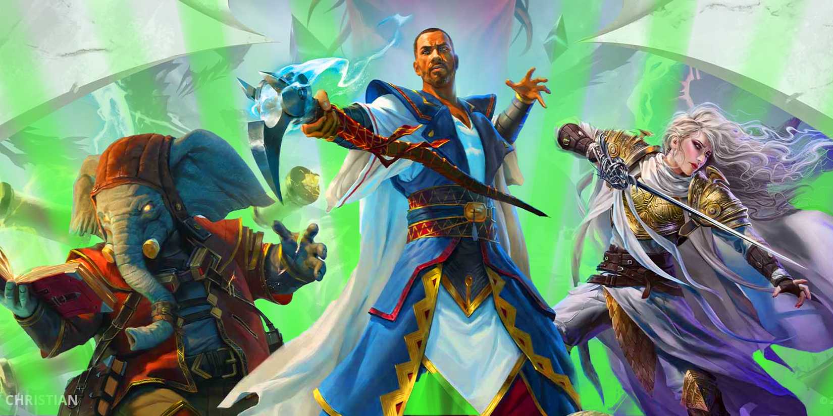 Magic: The Gathering Featured Image of 3 Planeswalkers in front of a green spotlight.
