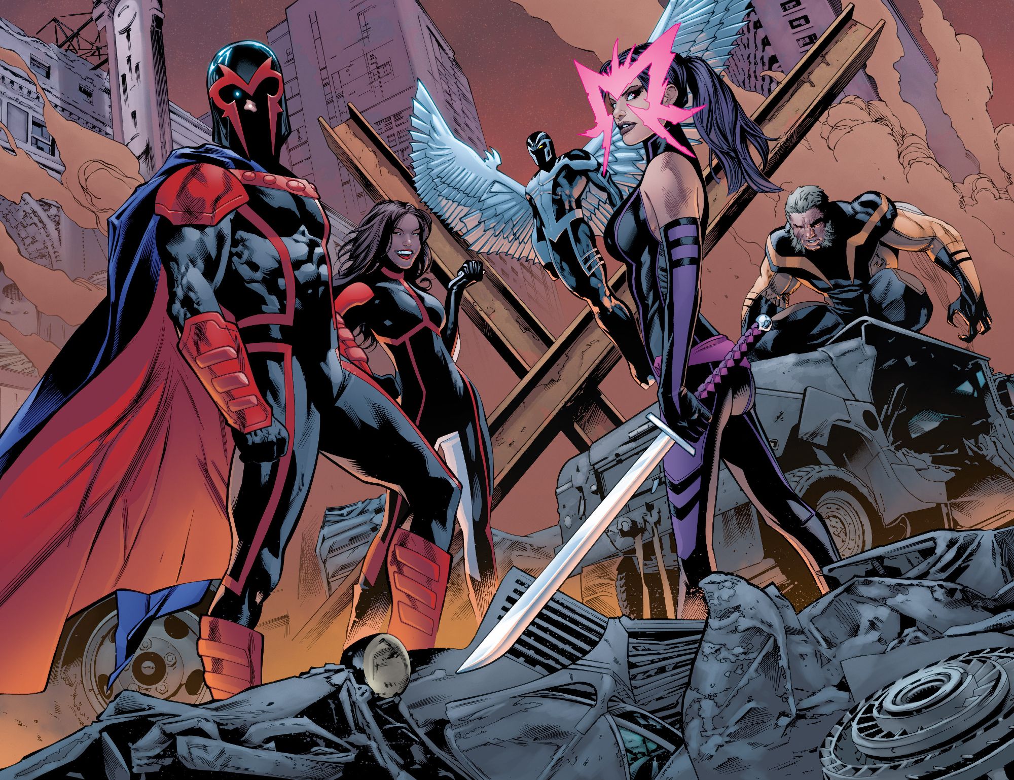 Magneto com Psylocke, Monet, Arcanjo e Dentes de Sabre. 