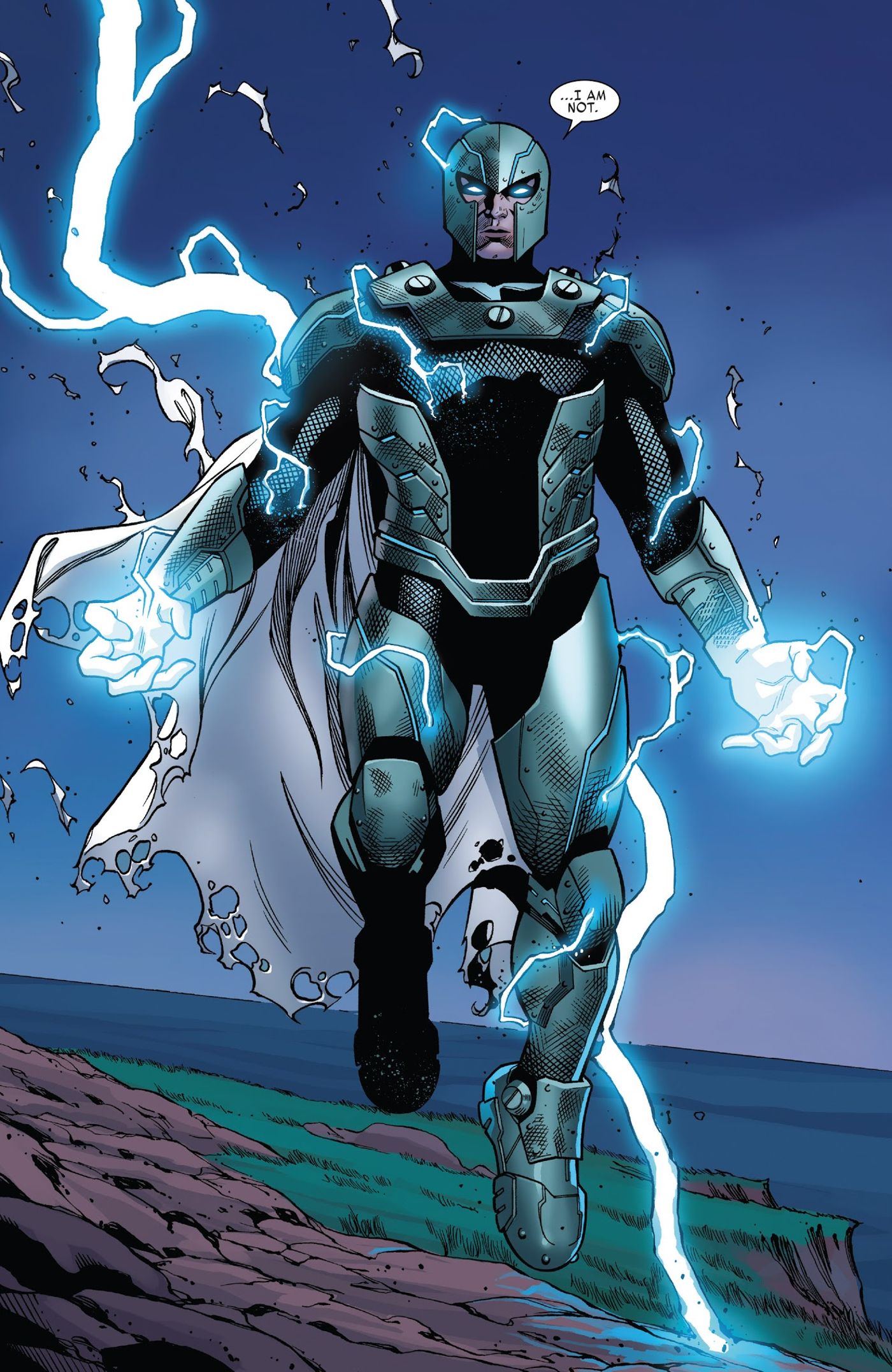 Magneto em sua Armadura Azul X-Men com energia azul.