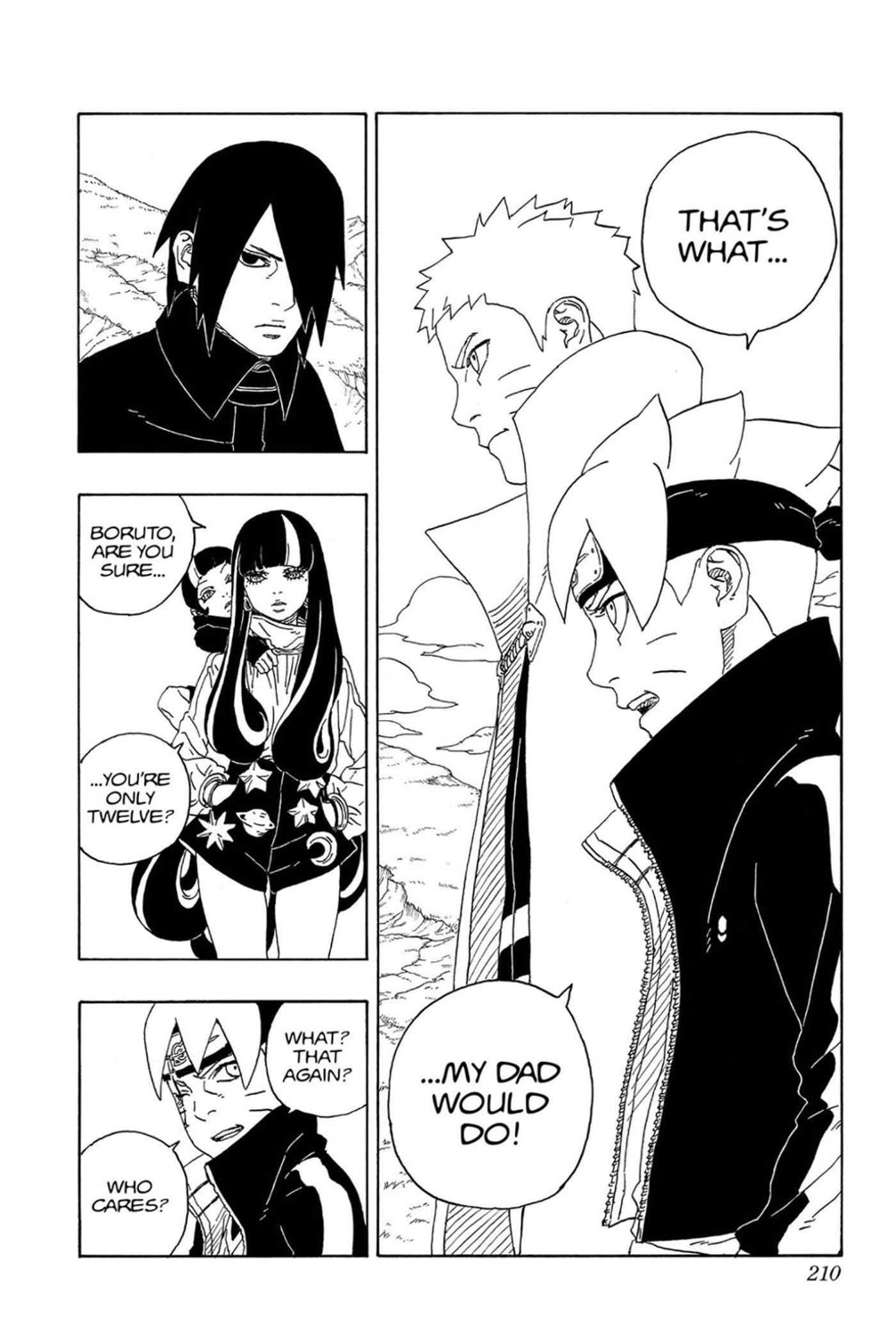 manga panel of Boruto talking about Naruto to Eida