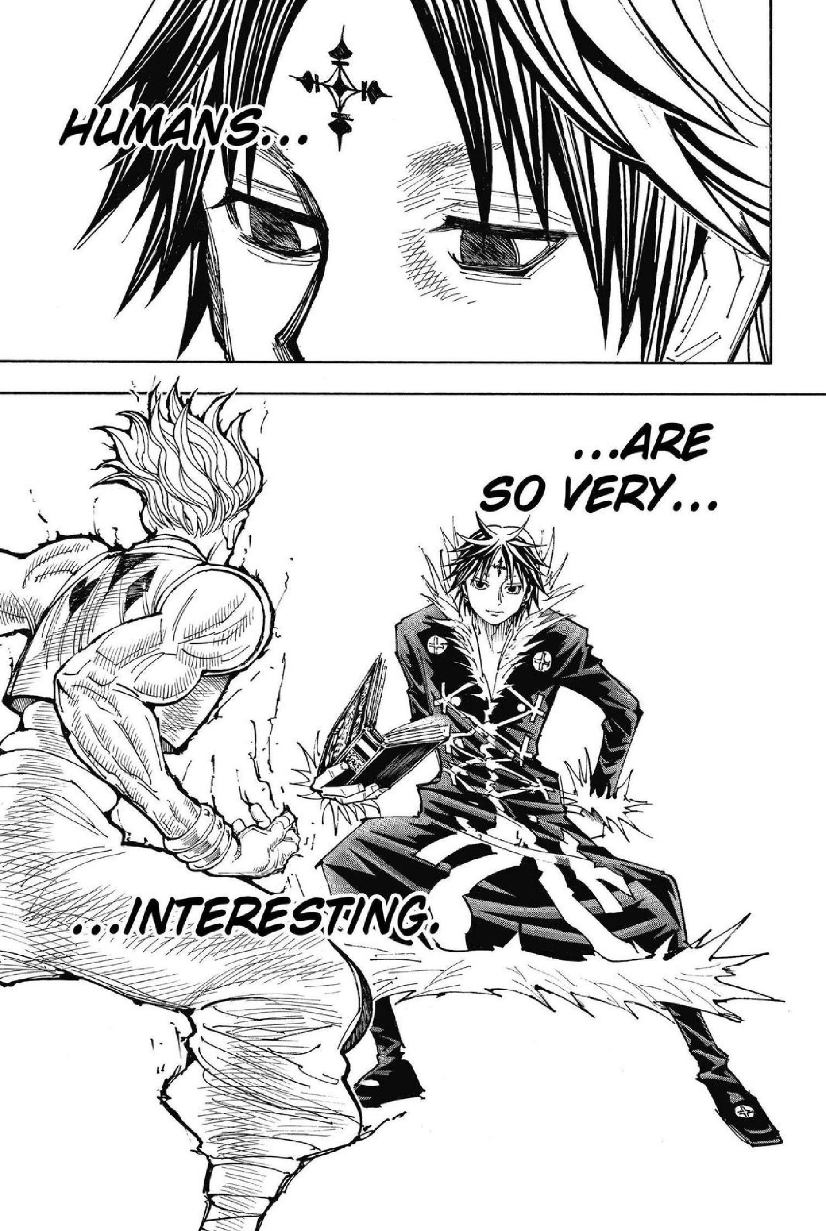 manga panel of Chrollo and Hisoka fighting