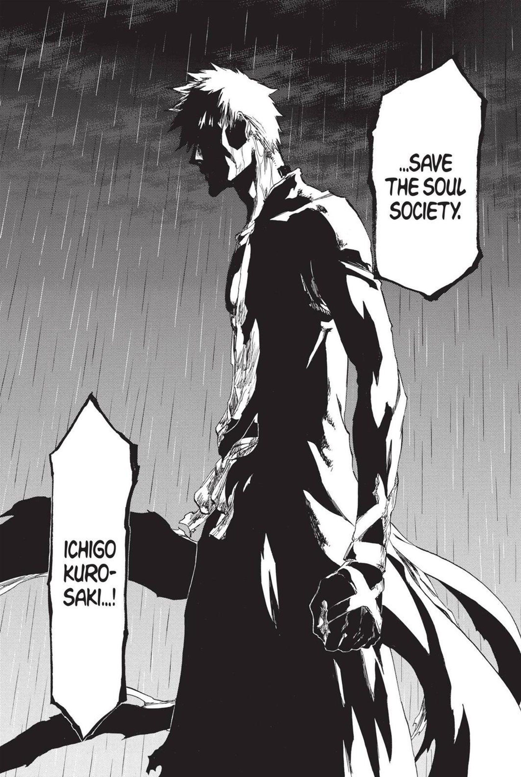 Manga panel of Ichigo standing in the rain