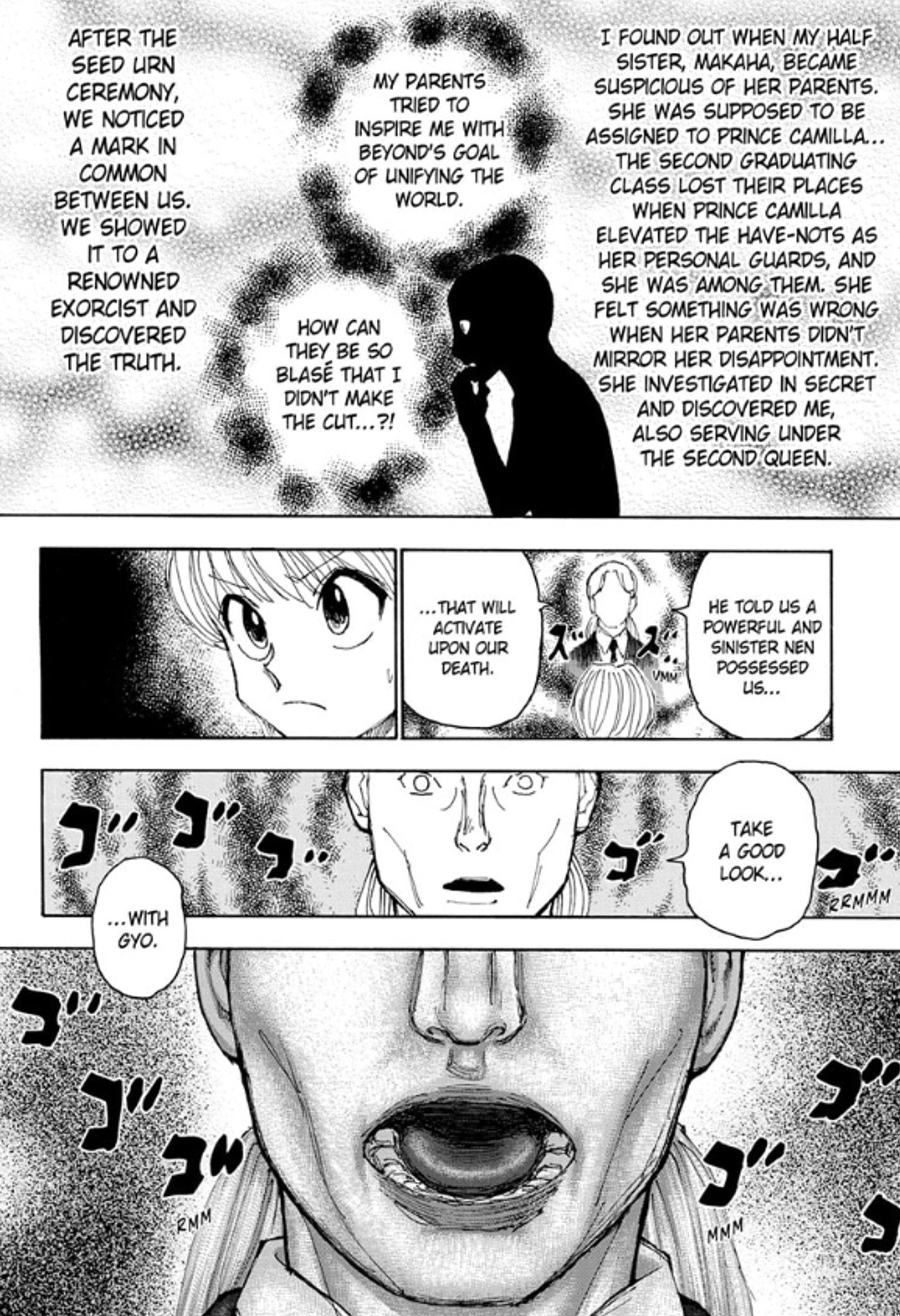 Manga panel of Longhi explaining Beyond Netero's plans to Kurapika and Bill