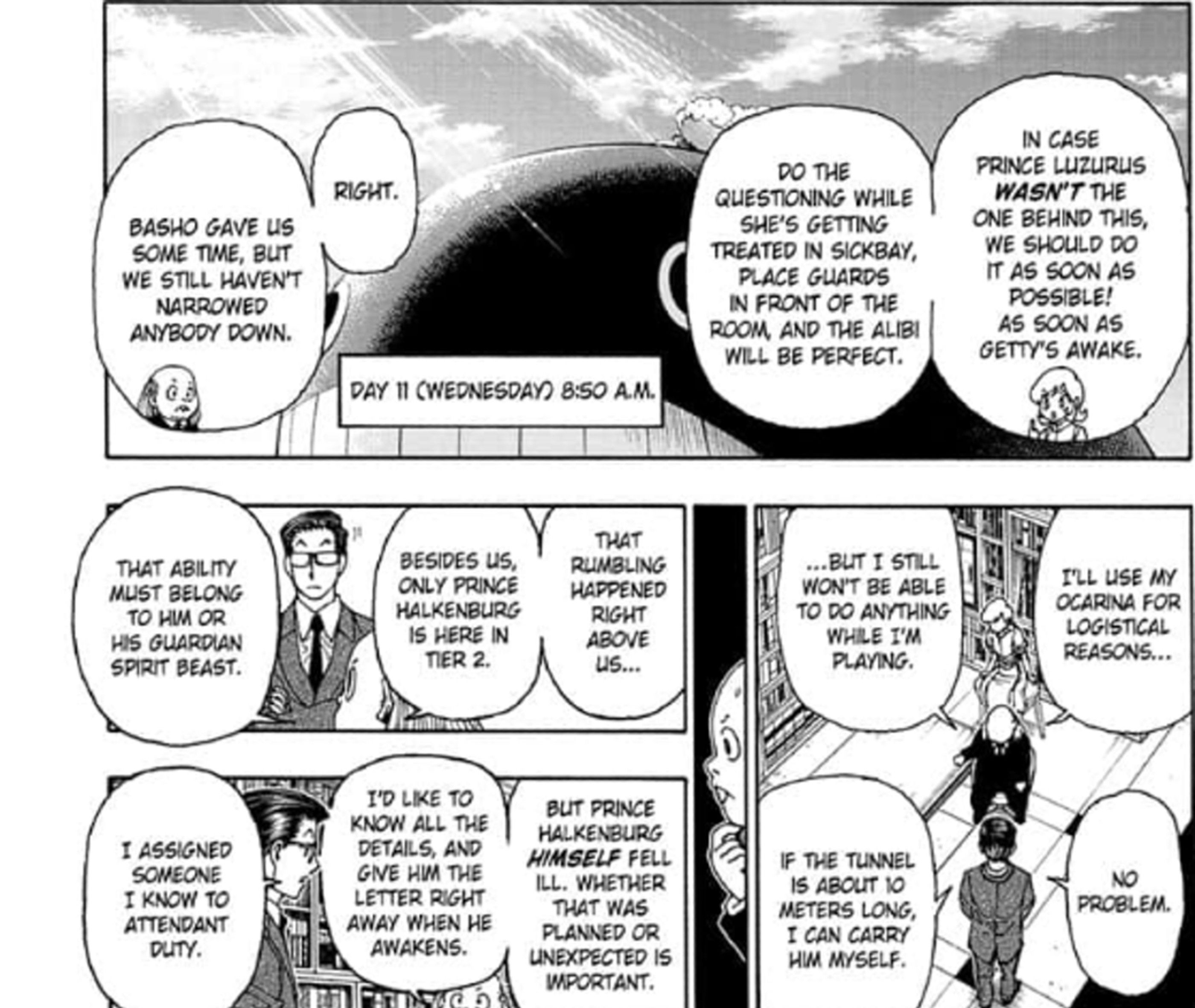 painel de mangá de Melody e Kaiser falando sobre o encontro com Halkenburg