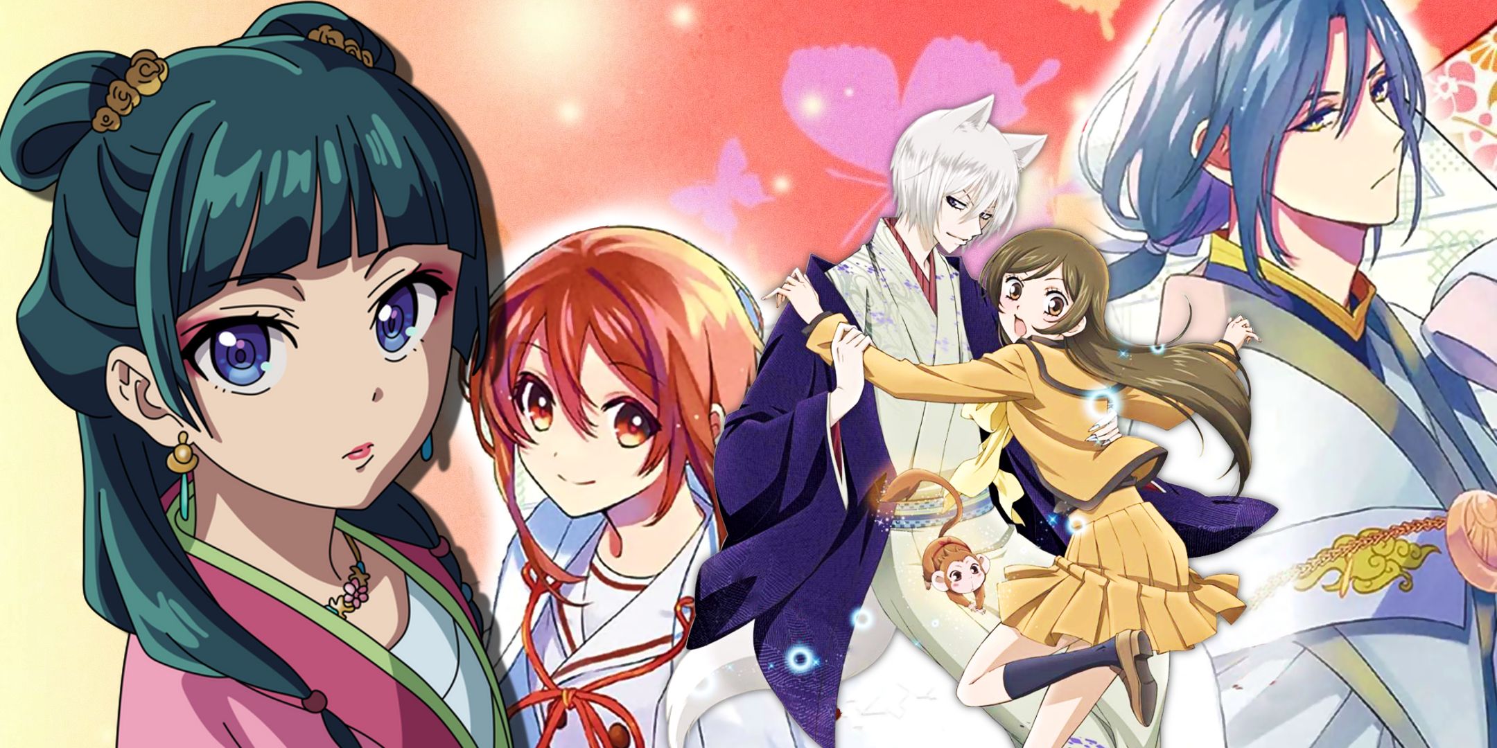 Maomao from the apothecary diaries with tomoe and nanami from kamisama kiss and nagi and tsukuyomi from the failure at god school