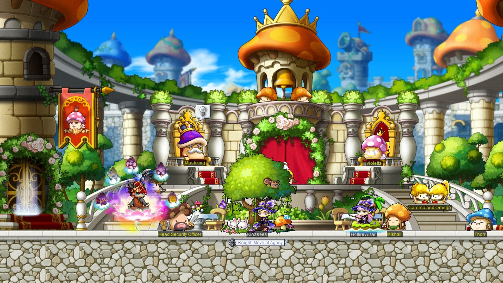 Captura de tela do Maplestory de jogadores em frente a um castelo com topo de cogumelo