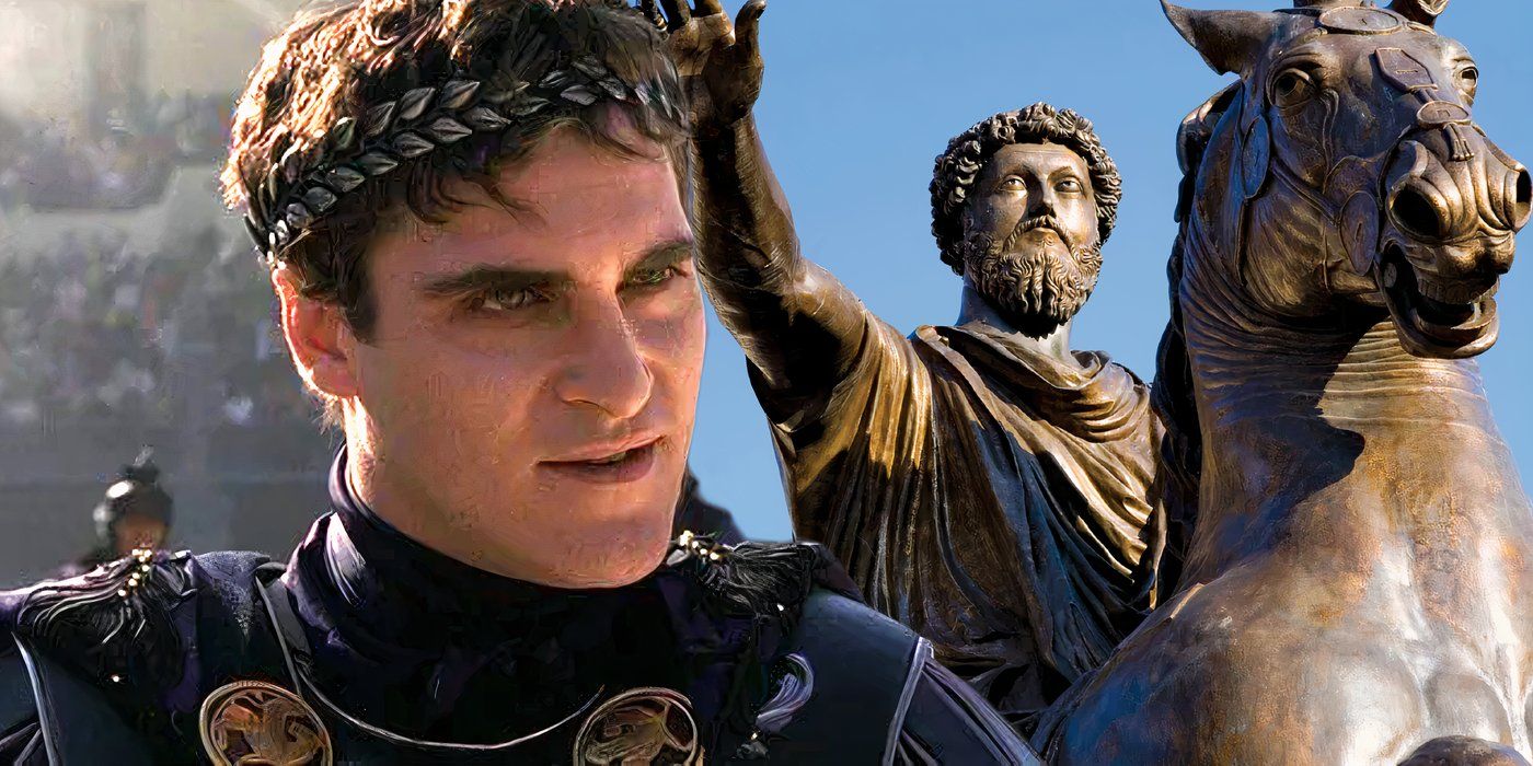 Estatua de Marco Aurelio junto a Joaquin Phoenix como Cómodo en Gladiator (2000)