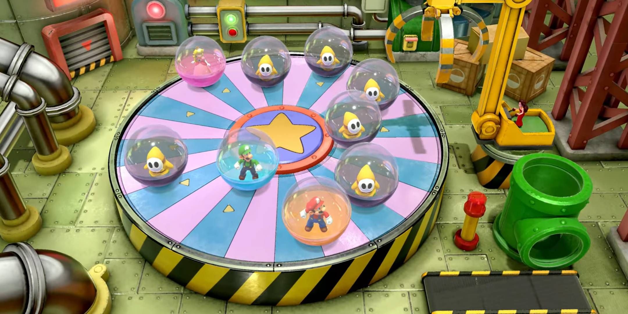 Mario, Luigi, and Peach rolling around in balls on a spinning wheel while Pauline tries to grab them using a crane in the Mario Party Jamboree Blame minigame It On The Crane.