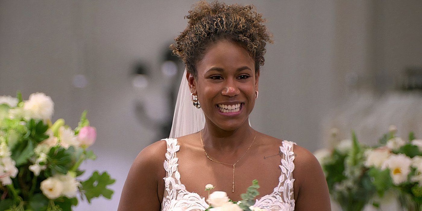 Love Is Blind season 7 Marissa George in a wedding gown and a veil in her hair while smiling 