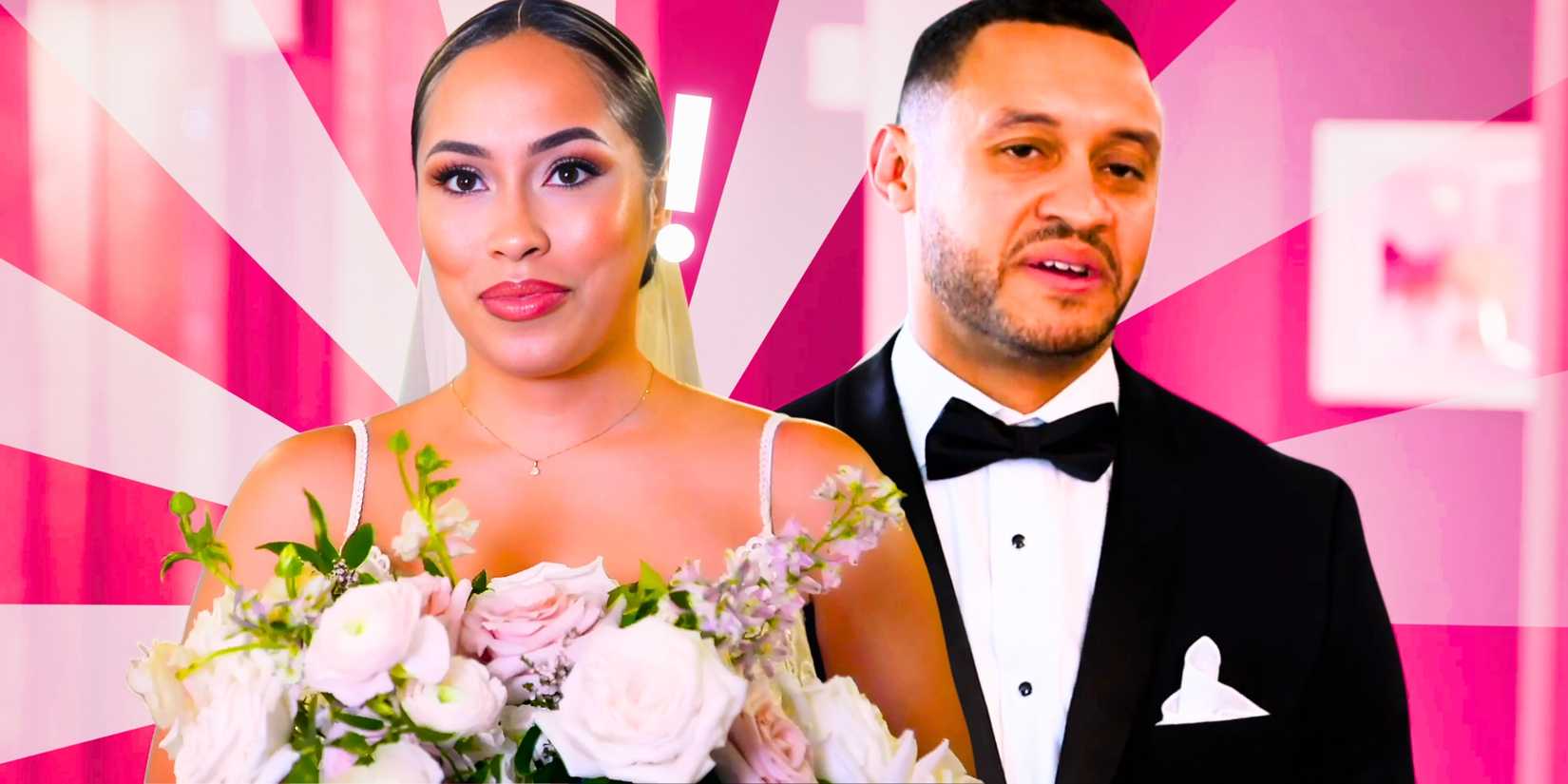 Married At First Sight's Thomas & Camille wear wedding attire with a pink background.