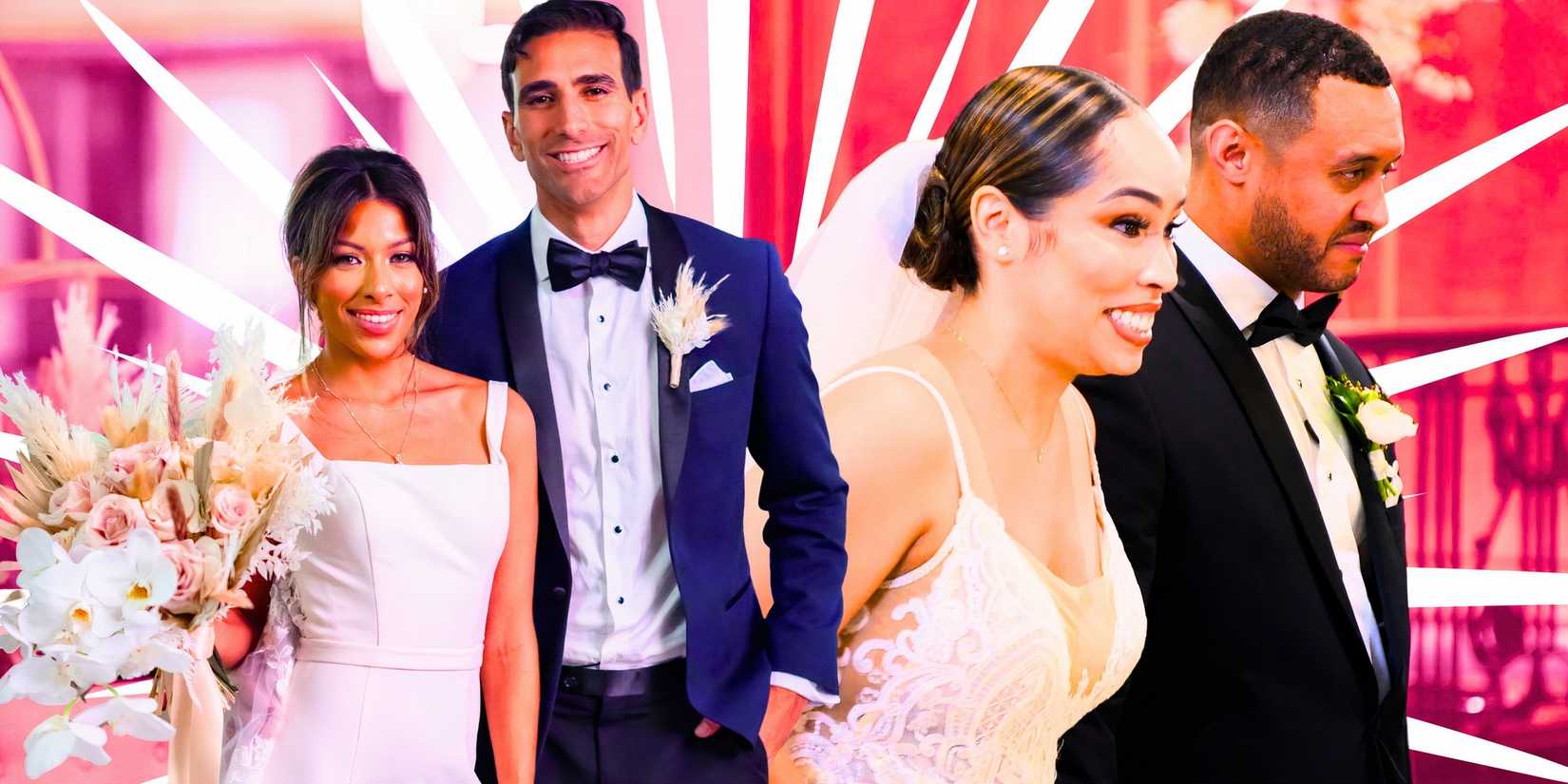 Married At First Sight Season 18 Couples in wedding outfits in montag with red and white stripe background