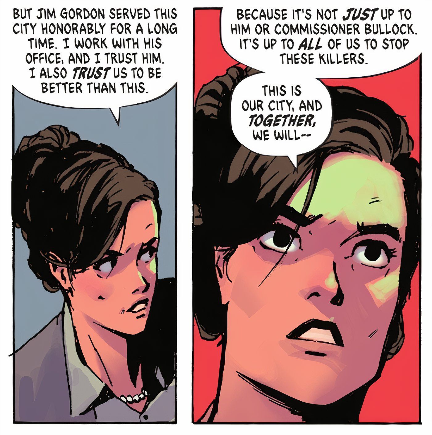 Paneles de cómics: Martha Wayne sale en defensa de Jim Gordon frente a un ayuntamiento, diciendo que depende de todos detener a los fiesteros, no de todos los que atacan a Gordon.