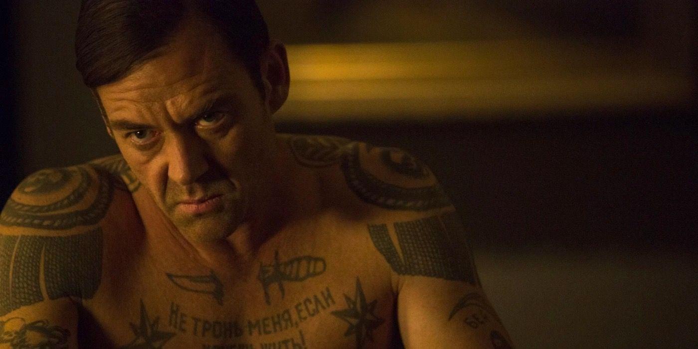 Marton Csokas as Teddy covered in tattoos in The Equalizer