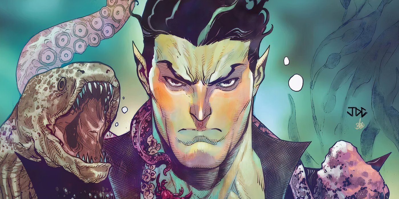 Namor the Submariner underwater holding an eel. 