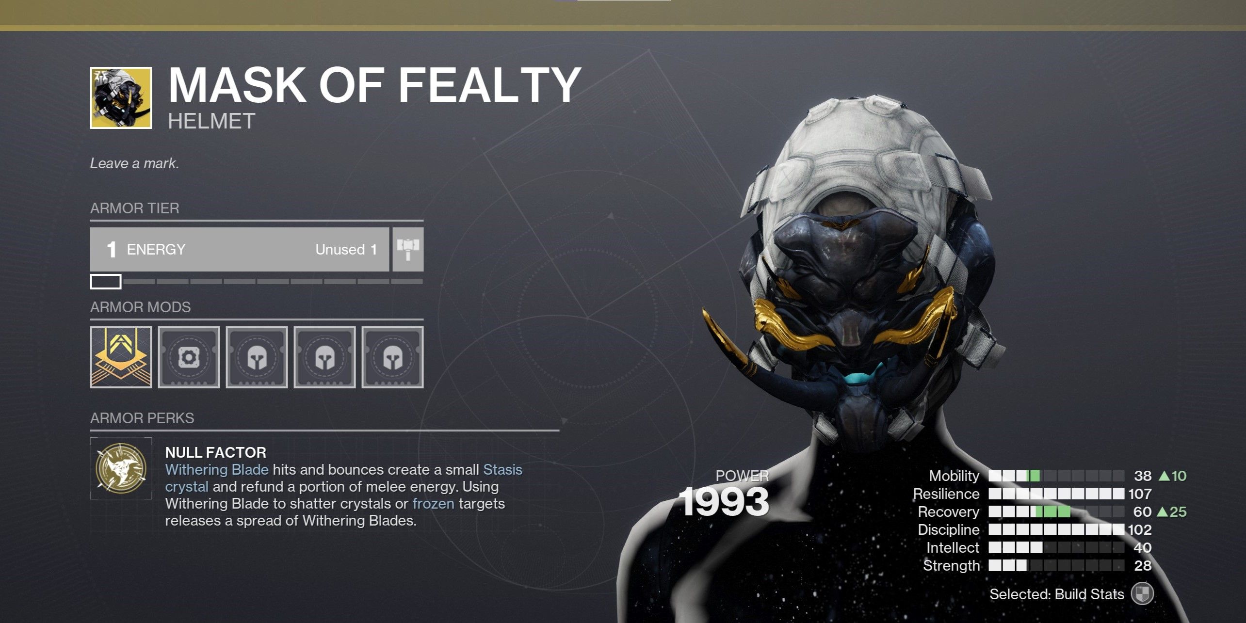 Menú de armadura exótica de Fealty Mask en Destiny 2