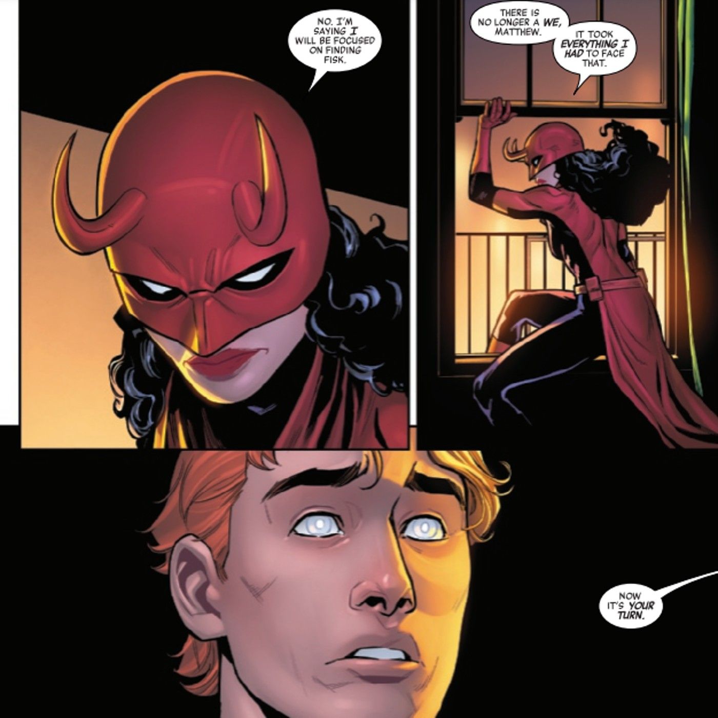 Paneles de cómics: Matt Murdock es abandonado por Elektra.