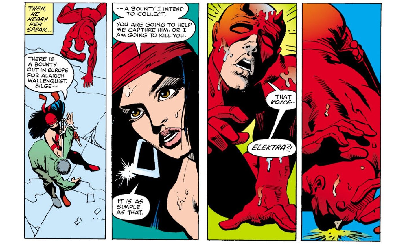 Comic book panel: Matt Murdock recognizes Elektra's voice.