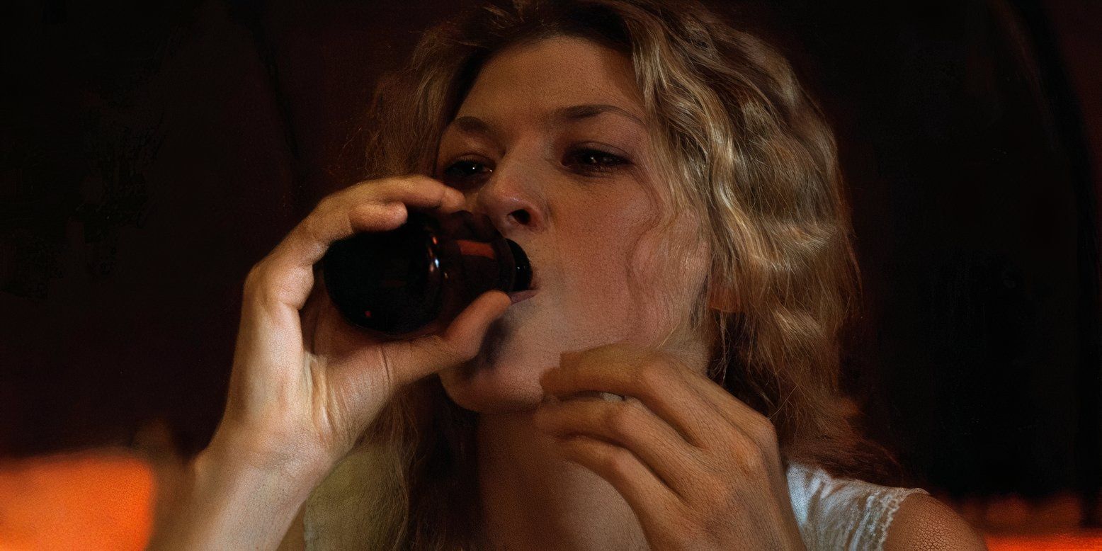 Mattie Earp (Dana Wheeler-Nicholson) drinking a bottle of laudanum in Tombstone