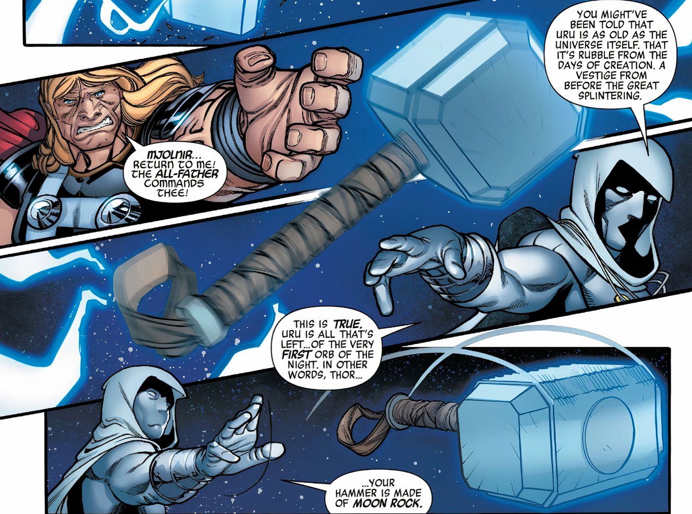 Moon Knight usa Mjolnir para golpear a Thor.