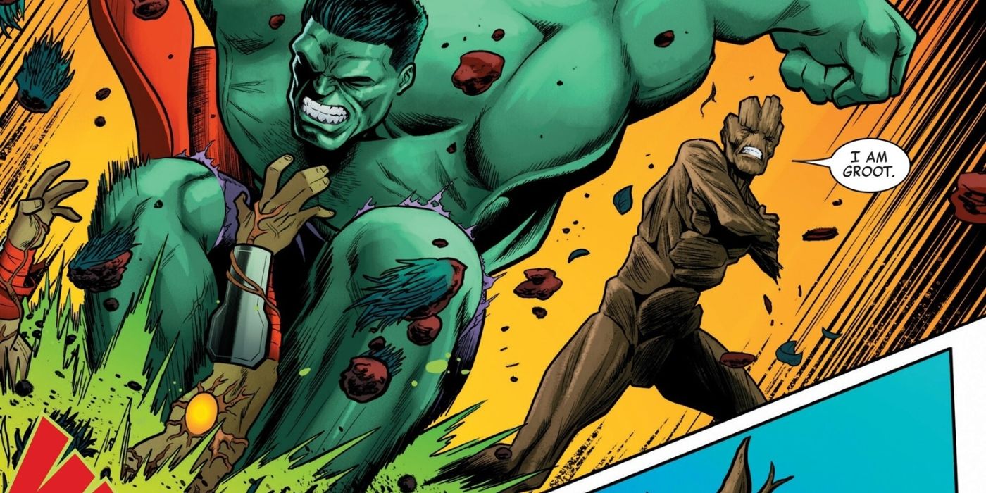 Painel de quadrinhos: Hulk lutando contra um Thor zumbificado enquanto Groot assiste horrorizado.