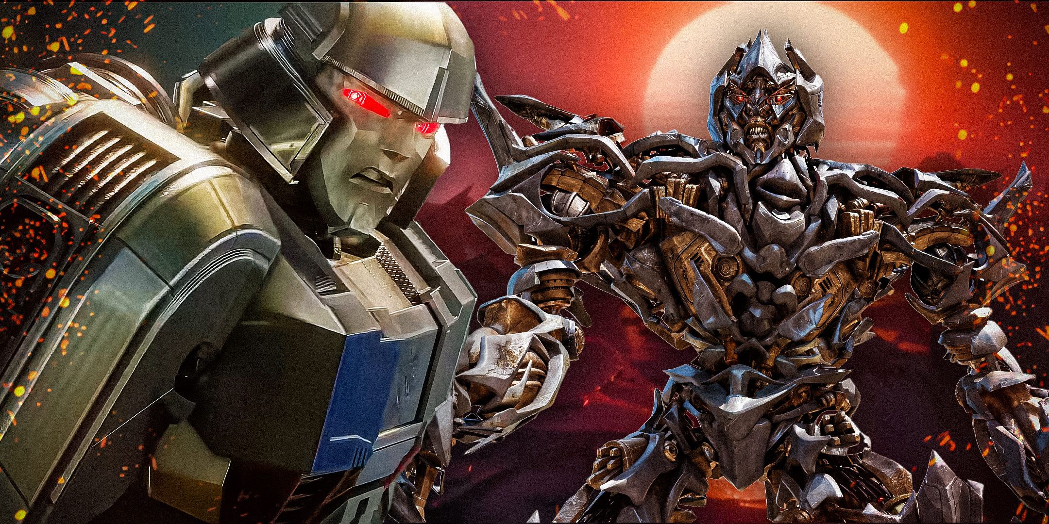 Una imagen de Megatron de Transformers One junto a una imagen de Megatron de Transformers (2007) frente a un sol rojo brillante