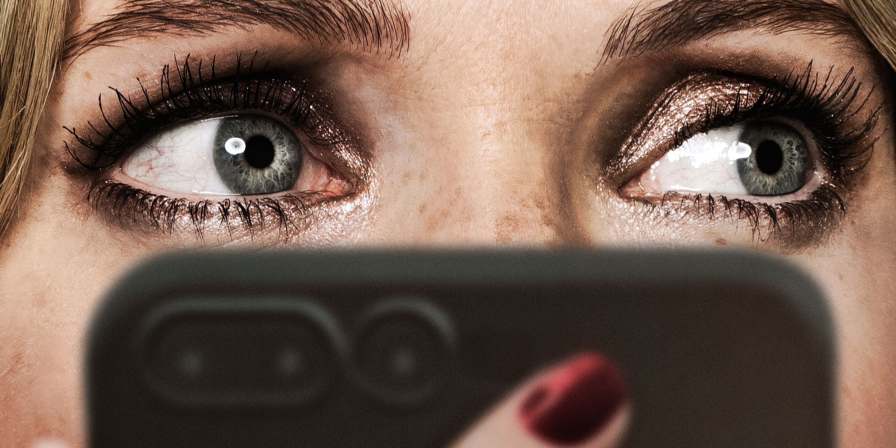 Meghann Fahy holding a phone in Drop poster