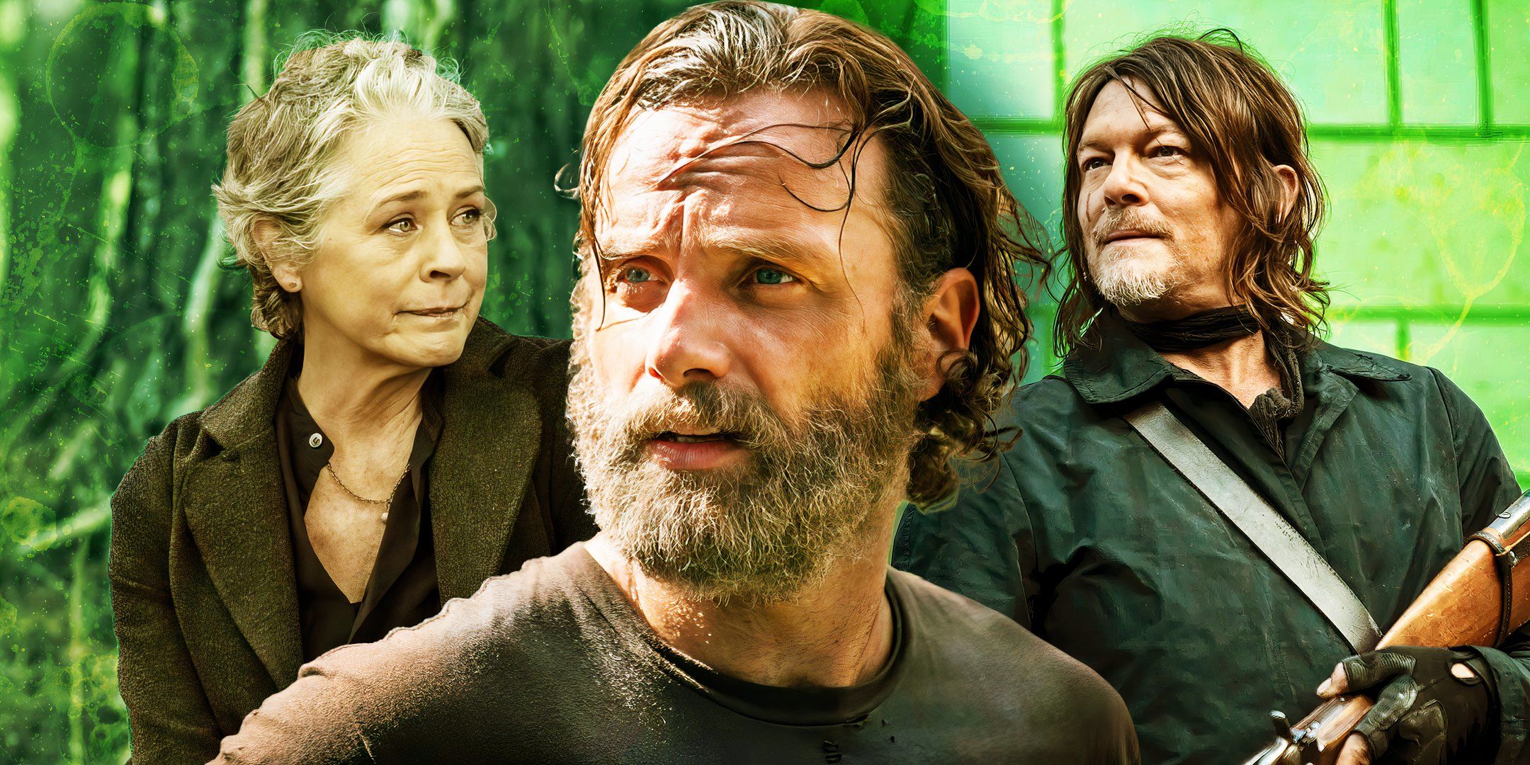 Melissa McBride as Carol Peletier, Andrew Lincoln as Rick Grimes, and Norman Reedus as Daryl Dixon in The Walking Dead