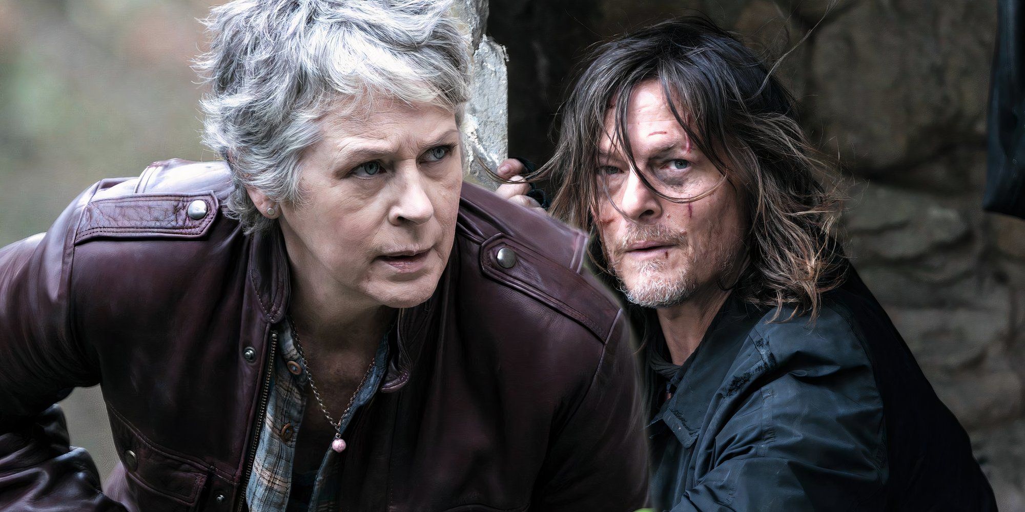 Melissa McBride as Carol rounding a corner next to Norman Reedus as Daryl hiding behind a wall in The Walking Dead Daryl Dixon season 2 episode 4