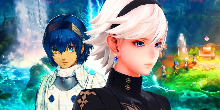 The main protagonist from Metaphor ReFantazio on the left with the protagonist from Neo Fantasian on the right in front of gameplay from the Dragon Quest 3 remake.