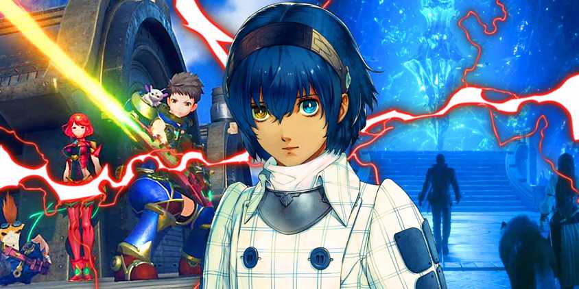 The protagonist from Metaphor ReFantazio in the middle and gameplay from Xenoblade Chronicles 2 on the left and Final Fantasy 16 on the right.