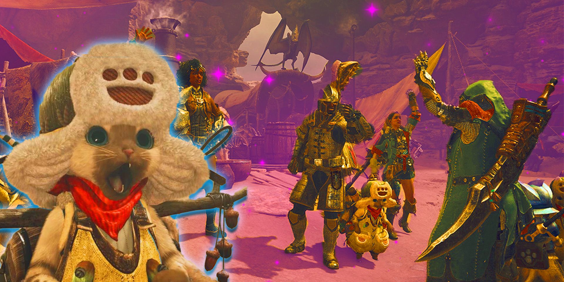 Monster Hunter Wilds Palico in front of a party of players.