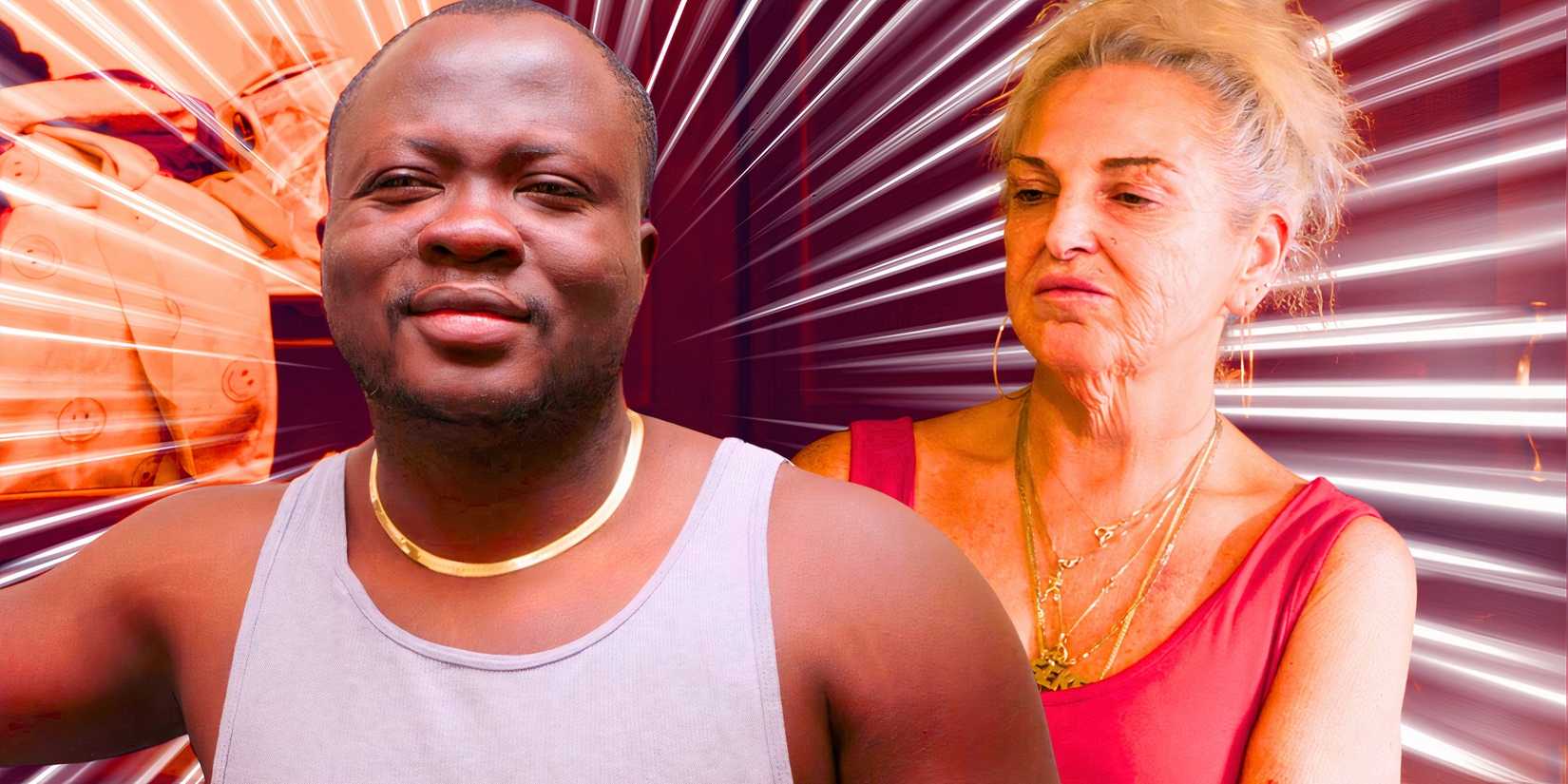 montage of Michael Ilesanmi smiling and Angela Deem looking annoyed from 90 Day Fiancé Happily Ever After